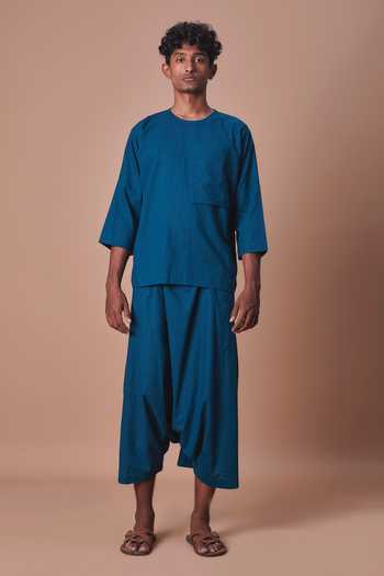 Buy_MATI_Teal Cotton Cross Pocket T-shirt And Harem Pant Set _Online_at_Aza_Fashions