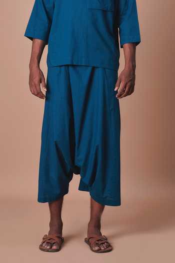 Shop_MATI_Teal Cotton Cross Pocket T-shirt And Harem Pant Set _Online_at_Aza_Fashions