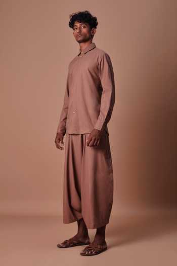 MATI Brown Cotton Double Buttoned Shirt And Harem Pant Set Online at Aza Fashions MATI_Brown Cotton Double Buttoned Shirt And Harem Pant Set _Online_at_Aza_Fashions