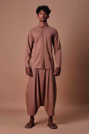 MATI Brown Cotton Double Buttoned Shirt And Harem Pant Set at Aza Fashions MATI_Brown Cotton Double Buttoned Shirt And Harem Pant Set _at_Aza_Fashions