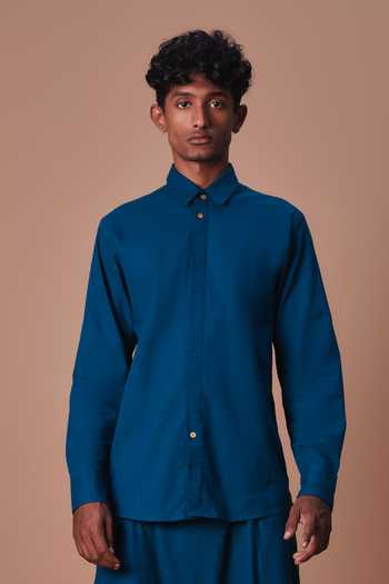 MATI_Blue Cotton Teal Double Buttoned Shirt And Harem Pant Set _at_Aza_Fashions