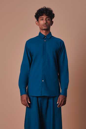 Buy_MATI_Blue Cotton Teal Double Buttoned Shirt And Harem Pant Set 