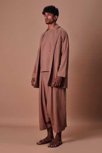 MATI_Brown Cotton Jacket And Harem Pant Set _Online_at_Aza_Fashions