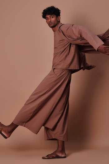 Buy_MATI_Brown Cotton Jacket And Harem Pant Set _Online_at_Aza_Fashions