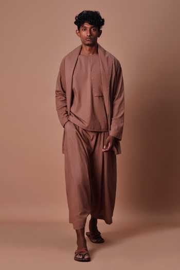 Shop_MATI_Brown Cotton Jacket And Harem Pant Set _Online_at_Aza_Fashions