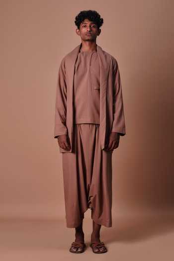 MATI_Brown Cotton Jacket And Harem Pant Set _at_Aza_Fashions