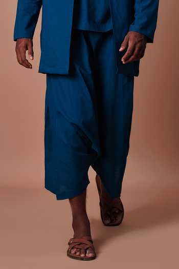 MATI_Teal Cotton Jacket And Harem Pant Set _Online_at_Aza_Fashions