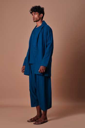 Shop_MATI_Teal Cotton Jacket And Harem Pant Set _Online_at_Aza_Fashions