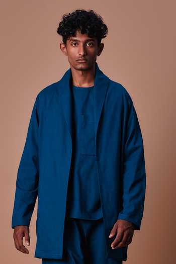 MATI_Teal Cotton Jacket And Harem Pant Set _at_Aza_Fashions