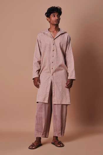 MATI_Mauve Cotton Hooded Striped Kurta Set _Online_at_Aza_Fashions