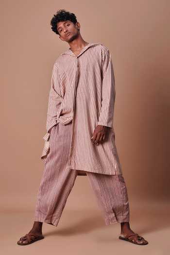 Shop_MATI_Mauve Cotton Hooded Striped Kurta Set _Online_at_Aza_Fashions