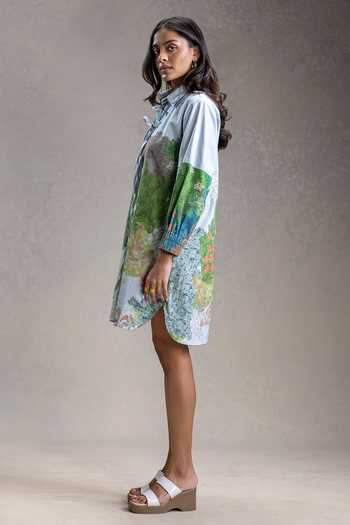 Soup By Sougat Paul_Blue Cotton, Twill Collared Blume Print Dress _Online_at_Aza_Fashions