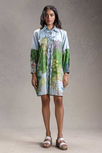 Buy_Soup By Sougat Paul_Blue Cotton, Twill Collared Blume Print Dress _Online_at_Aza_Fashions