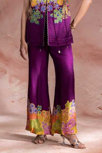 Soup By Sougat Paul Yellow Silk Split V-neck Kaia Print Top And Pant Set Online at Aza Fashions Soup By Sougat Paul_Yellow Silk Split V-neck Kaia Print Top And Pant Set _Online_at_Aza_Fashions