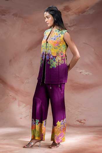 Buy Soup By Sougat Paul Yellow Silk Split V-neck Kaia Print Top And Pant Set Online at Aza Fashions Buy_Soup By Sougat Paul_Yellow Silk Split V-neck Kaia Print Top And Pant Set _Online_at_Aza_Fashions