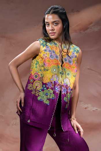 Shop Soup By Sougat Paul Yellow Silk Split V-neck Kaia Print Top And Pant Set Online at Aza Fashions Shop_Soup By Sougat Paul_Yellow Silk Split V-neck Kaia Print Top And Pant Set _Online_at_Aza_Fashions