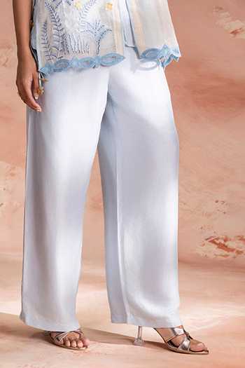 Soup By Sougat Paul_Blue Chanderi, Net V-neck Alisa Embroidered Top Pant Set _Online_at_Aza_Fashions