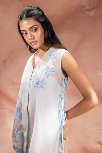 Buy_Soup By Sougat Paul_Blue Chanderi, Net V-neck Alisa Embroidered Top Pant Set _Online_at_Aza_Fashions