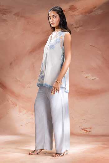 Shop_Soup By Sougat Paul_Blue Chanderi, Net V-neck Alisa Embroidered Top Pant Set _Online_at_Aza_Fashions