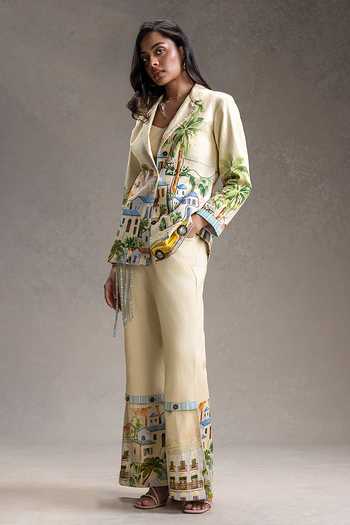 Soup By Sougat Paul Yellow Cotton, Twill Bandeau Neck, Collared Reviera Print Jacket Pant Set Online at Aza Fashions Soup By Sougat Paul_Yellow Cotton, Twill Bandeau Neck, Collared Reviera Print Jacket Pant Set _Online_at_Aza_Fashions