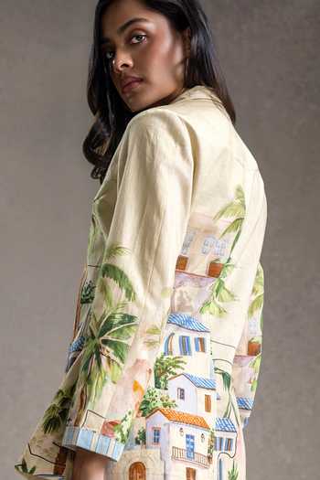 Shop Soup By Sougat Paul Yellow Cotton, Twill Bandeau Neck, Collared Reviera Print Jacket Pant Set Online at Aza Fashions Shop_Soup By Sougat Paul_Yellow Cotton, Twill Bandeau Neck, Collared Reviera Print Jacket Pant Set _Online_at_Aza_Fashions