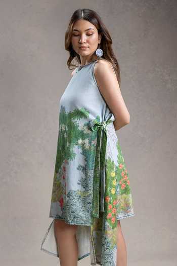 Soup By Sougat Paul_Blue Cotton, Twill Round Neck Blume Print Dress _Online_at_Aza_Fashions