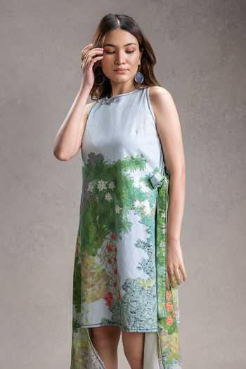 Buy_Soup By Sougat Paul_Blue Cotton, Twill Round Neck Blume Print Dress _Online_at_Aza_Fashions