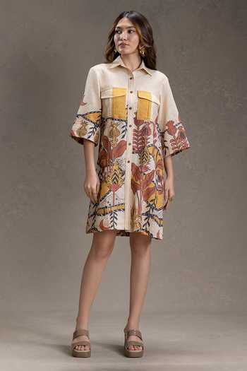 Soup By Sougat Paul_Beige Cotton Collared Naomi Print Dress _Online_at_Aza_Fashions