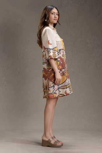 Buy_Soup By Sougat Paul_Beige Cotton Collared Naomi Print Dress _Online_at_Aza_Fashions