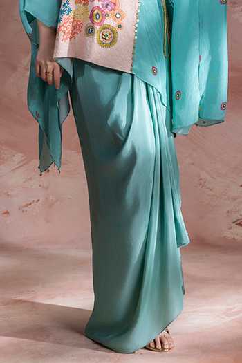 Soup By Sougat Paul_Blue Cotton, Crepe V-neck Kaia Embroidered Kaftan With Skirt _Online_at_Aza_Fashions