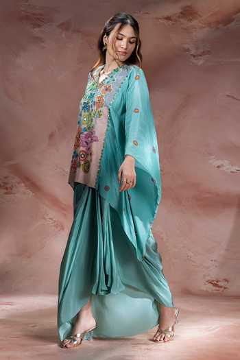 Buy_Soup By Sougat Paul_Blue Cotton, Crepe V-neck Kaia Embroidered Kaftan With Skirt _Online_at_Aza_Fashions