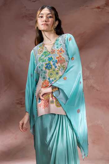 Shop_Soup By Sougat Paul_Blue Cotton, Crepe V-neck Kaia Embroidered Kaftan With Skirt _Online_at_Aza_Fashions