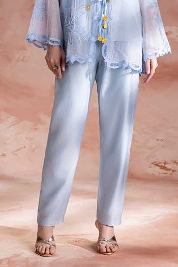 Soup By Sougat Paul Blue Chanderi, Net V-neck Alisa Hand Embroidered Top Pant Set Online at Aza Fashions Soup By Sougat Paul_Blue Chanderi, Net V-neck Alisa Hand Embroidered Top Pant Set _Online_at_Aza_Fashions