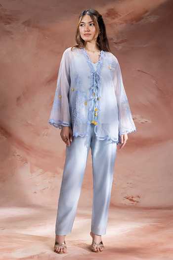 Buy Soup By Sougat Paul Blue Chanderi, Net V-neck Alisa Hand Embroidered Top Pant Set Online at Aza Fashions Buy_Soup By Sougat Paul_Blue Chanderi, Net V-neck Alisa Hand Embroidered Top Pant Set _Online_at_Aza_Fashions