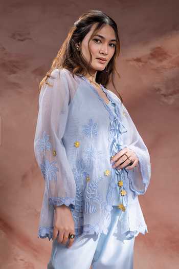 Shop Soup By Sougat Paul Blue Chanderi, Net V-neck Alisa Hand Embroidered Top Pant Set Online at Aza Fashions Shop_Soup By Sougat Paul_Blue Chanderi, Net V-neck Alisa Hand Embroidered Top Pant Set _Online_at_Aza_Fashions