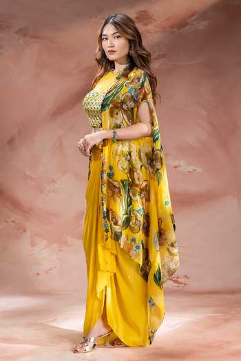 Soup By Sougat Paul_Yellow Chanderi, Crepe, Net Halter Neck Zeya Embellished Cape Skirt Set _Online_at_Aza_Fashions