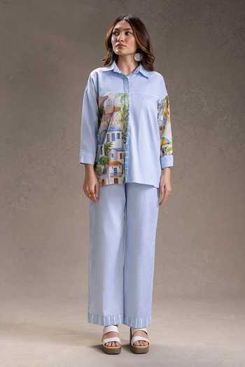 Soup By Sougat Paul_Blue Cotton, Twill Collared Reviera Print Shirt With Pant _Online_at_Aza_Fashions