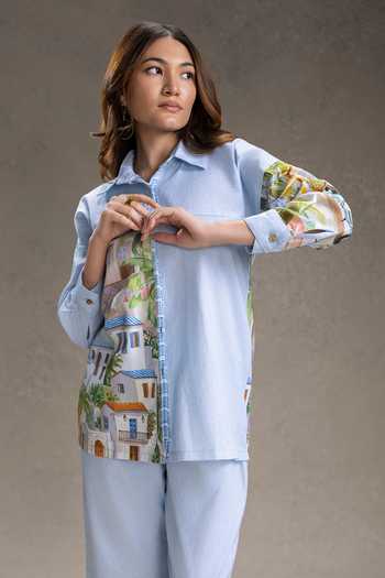 Buy_Soup By Sougat Paul_Blue Cotton, Twill Collared Reviera Print Shirt With Pant _Online_at_Aza_Fashions