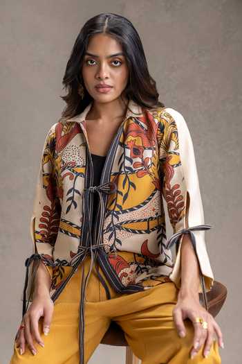 Soup By Sougat Paul_Beige Cotton V-neck, Collared Naomi Print Shirt Pant Set _Online_at_Aza_Fashions
