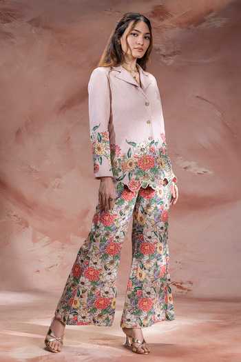 Soup By Sougat Paul_Pink Handloom Cotton Collared Baghira Embroidered Blazer With Pant _Online_at_Aza_Fashions
