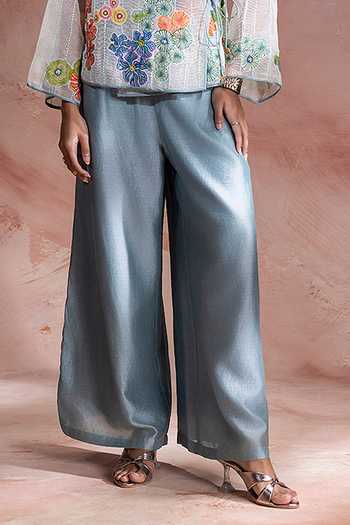 Soup By Sougat Paul_Off White Net, Chanderi V-neck Kaia Applique Top Pant Set _Online_at_Aza_Fashions