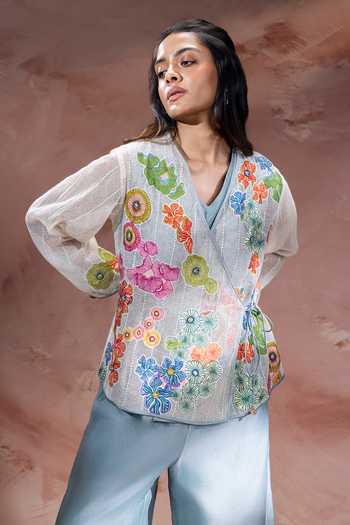 Buy_Soup By Sougat Paul_Off White Net, Chanderi V-neck Kaia Applique Top Pant Set _Online_at_Aza_Fashions