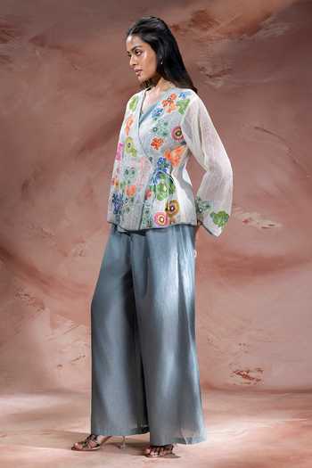 Shop_Soup By Sougat Paul_Off White Net, Chanderi V-neck Kaia Applique Top Pant Set _Online_at_Aza_Fashions