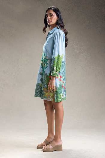 Soup By Sougat Paul_Blue Cotton, Twill Collared Blume Print Shirt Dress _Online_at_Aza_Fashions