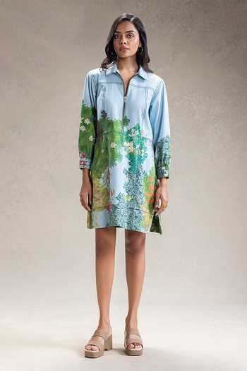 Buy_Soup By Sougat Paul_Blue Cotton, Twill Collared Blume Print Shirt Dress _Online_at_Aza_Fashions