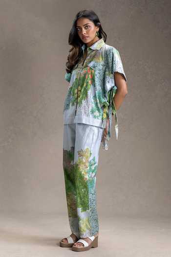 Soup By Sougat Paul_Blue Cotton, Twill Collared Blume Print Top With Pant _Online_at_Aza_Fashions