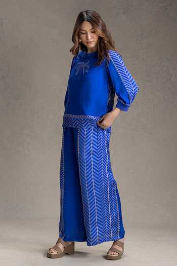Soup By Sougat Paul_Blue Silk, Cotton Round Neck Kyomi Print Top With Pant _Online_at_Aza_Fashions