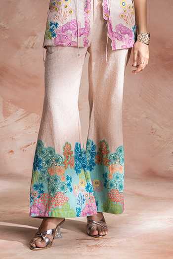 Soup By Sougat Paul_Pink Net, Handloom Cotton Plunge Neck Kaia Embroidered Top Pant Set _Online_at_Aza_Fashions