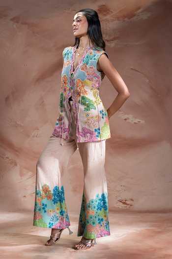 Buy_Soup By Sougat Paul_Pink Net, Handloom Cotton Plunge Neck Kaia Embroidered Top Pant Set _Online_at_Aza_Fashions