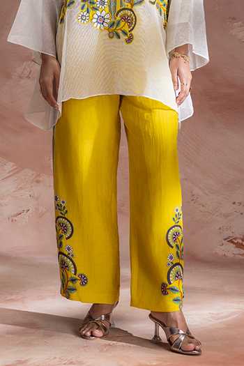 Soup By Sougat Paul_Yellow Linen Mandarin Collar Nooma Print Top Pant Set _Online_at_Aza_Fashions